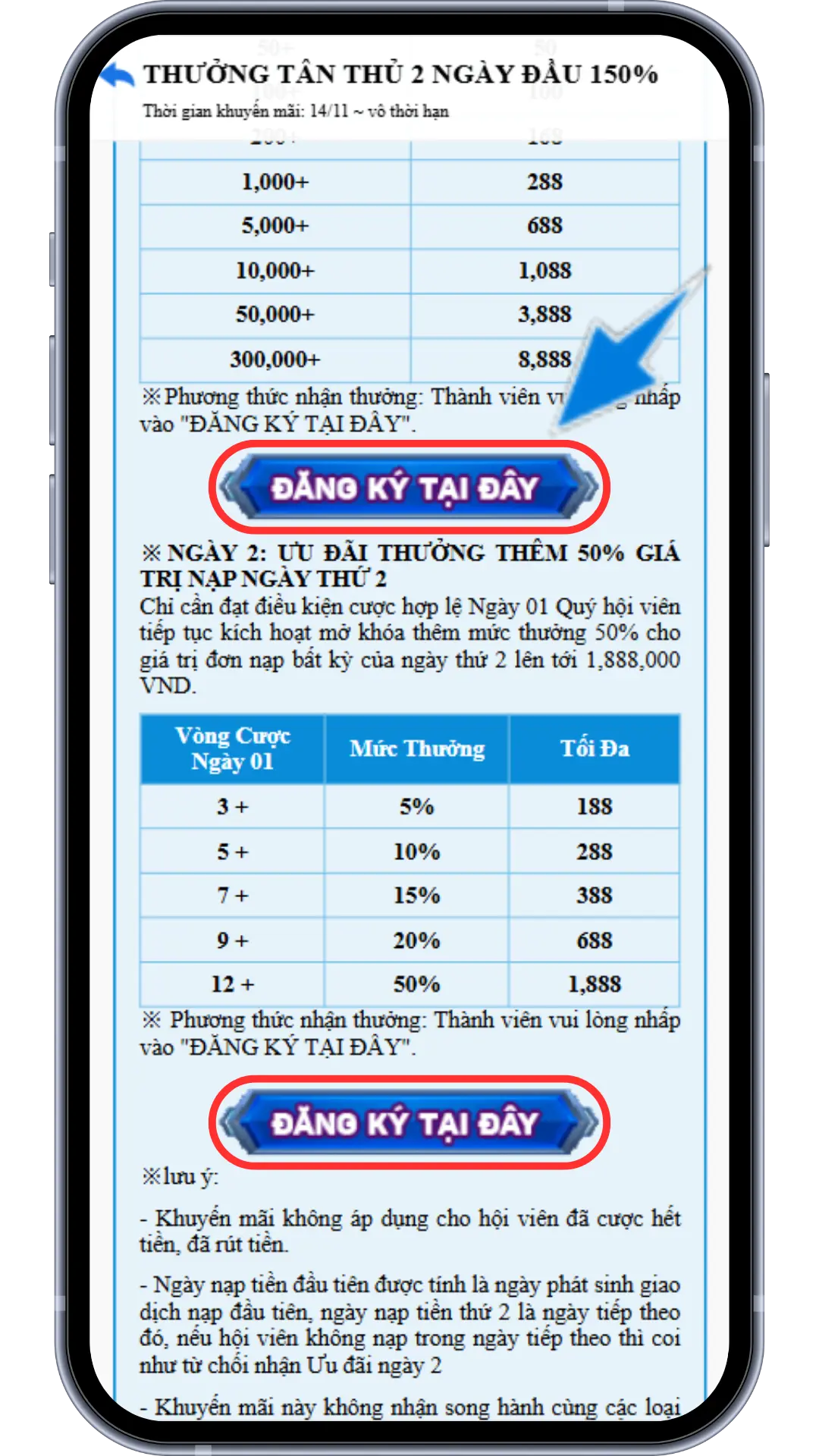 Bước 3 : Tại mục khuyến mãi khi đủ điều kiện nhận NGÀY 1 - Bấm ĐĂNG KÝ TẠI ĐÂY phía trên => Khi đủ điều kiện NGÀY 2 - Bấm đăng ký tại mục dưới